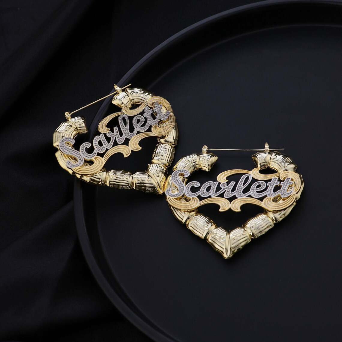 Custom Two Tone Name Earrings Heart Bamboo Earrings