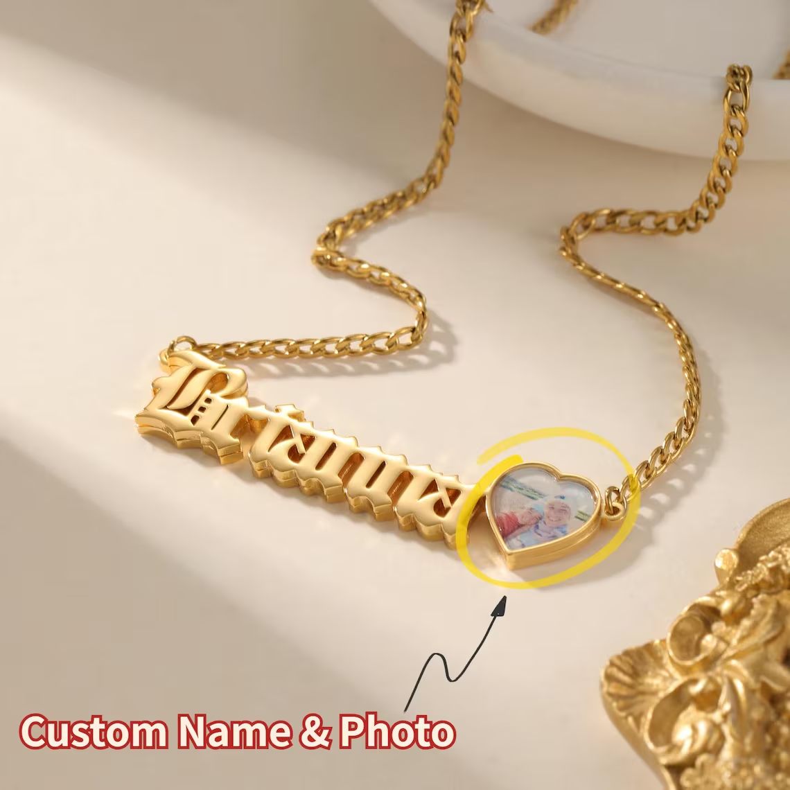 Custom Old English Font Nameplate with Heart Photo Necklace
