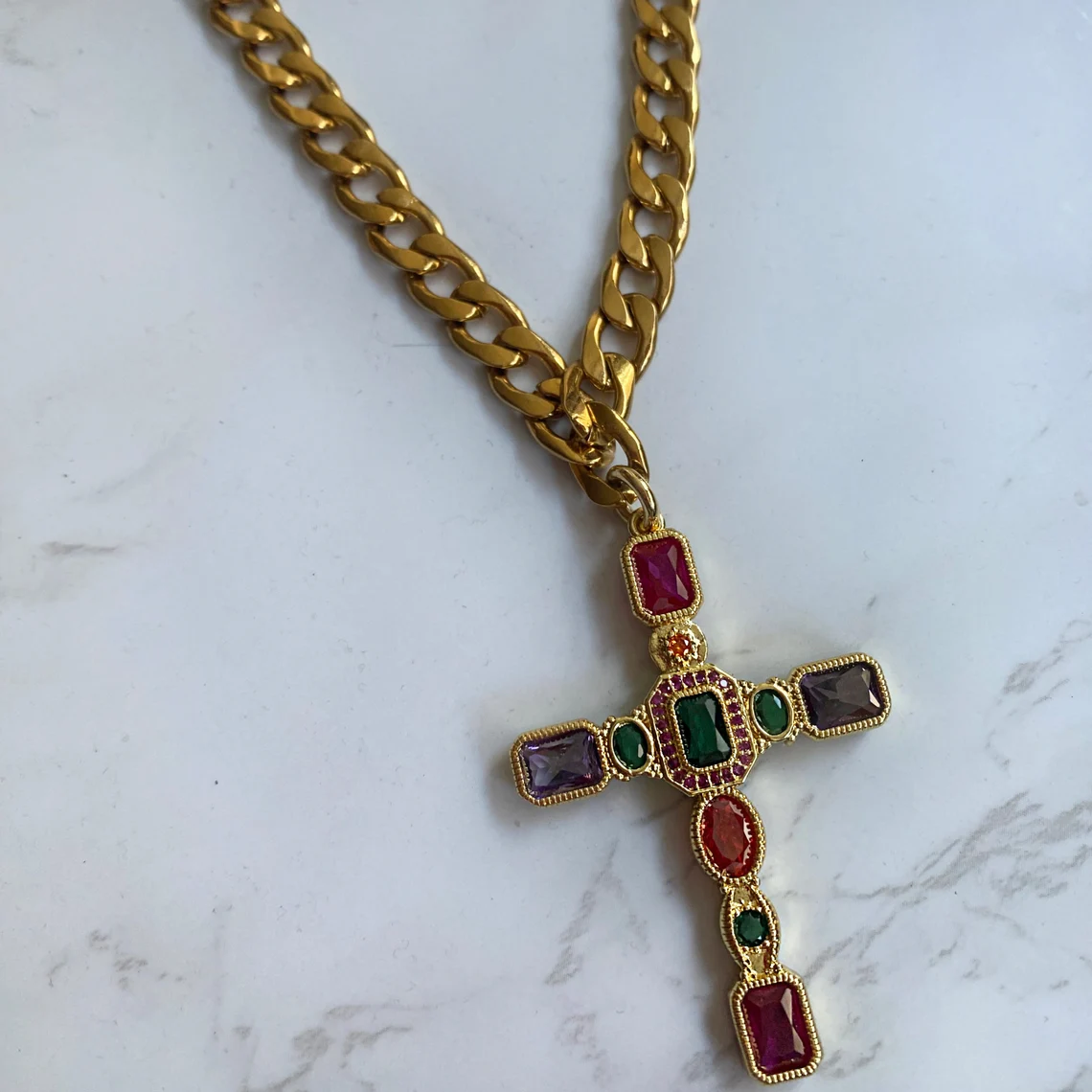 Chunky Colorful Gemstone Big Cross Pendant Necklace