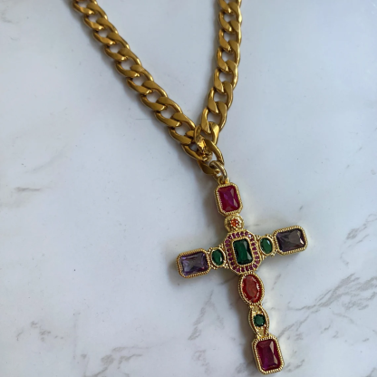 Chunky Colorful Gemstone Big Cross Pendant Necklace