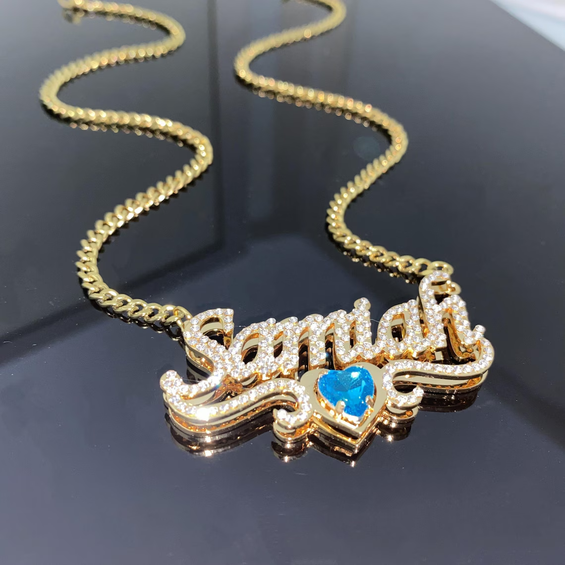 Shiny Heart Birthstone Double Layer Zircon Name Necklace Birthday Gift
