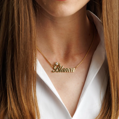 Gold Plated Personalized Crown Nameplate with Heart Birthstone Necklace