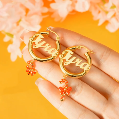 30mm Personalized Gold Plated Hoop Name Earrings with Candy Cane