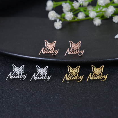 Butterfly Personalized Nameplate Gold Plated Stud Earrings