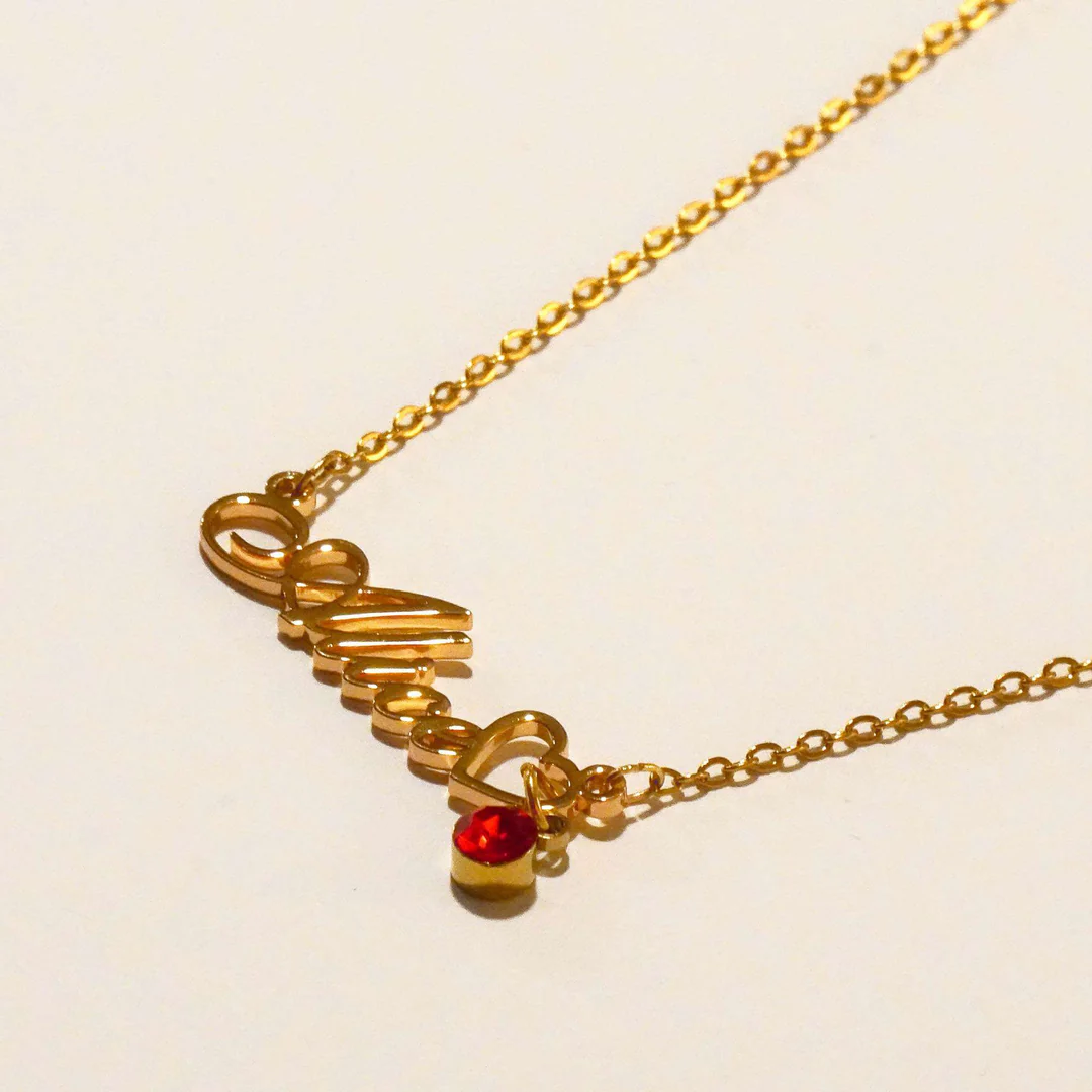 Gold Plated Personalized Heart Name Necklace with Birthstone Pendant