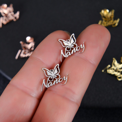 Butterfly Personalized Nameplate Gold Plated Stud Earrings