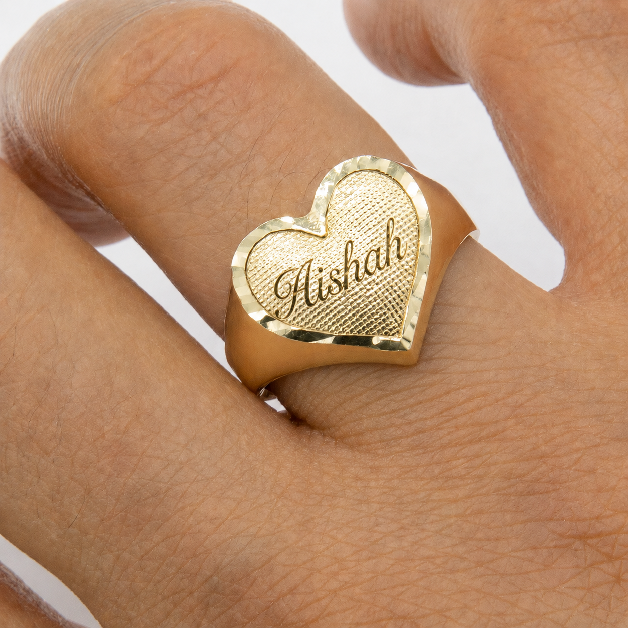 Gold Plated Textured Heart Ring Custom Engraved Name Ring