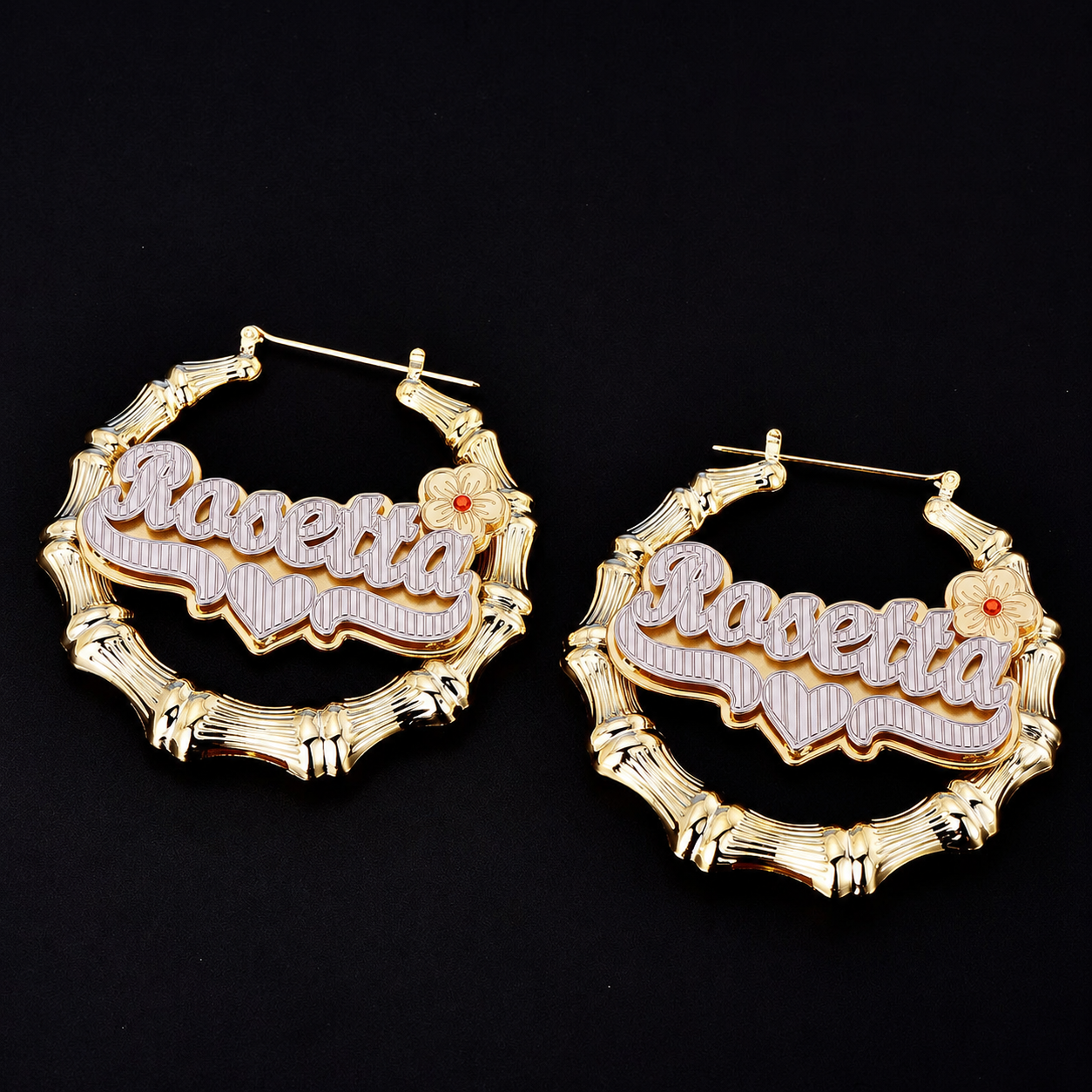 Flower Birthstone Two Tone Name Earrings Custom Bamboo Earrings