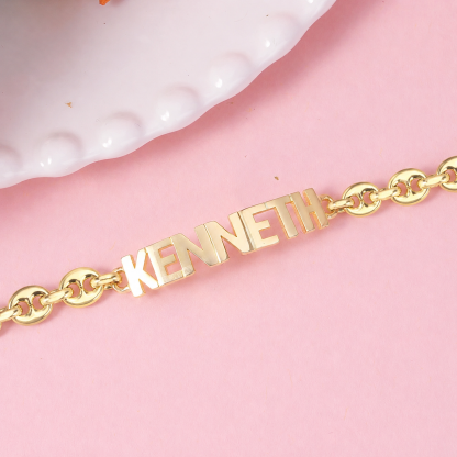 Puffed Mariner Link Chain Bracelet Gold Plated Personalized Name Bracelet