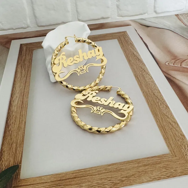 Personalized Custom Twist Hoop Name Earrings with Crown