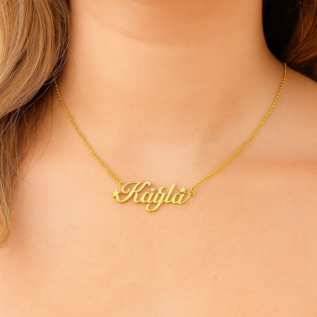 Stars & Moon Nameplate Personalized Custom Gold Plated Name Necklace