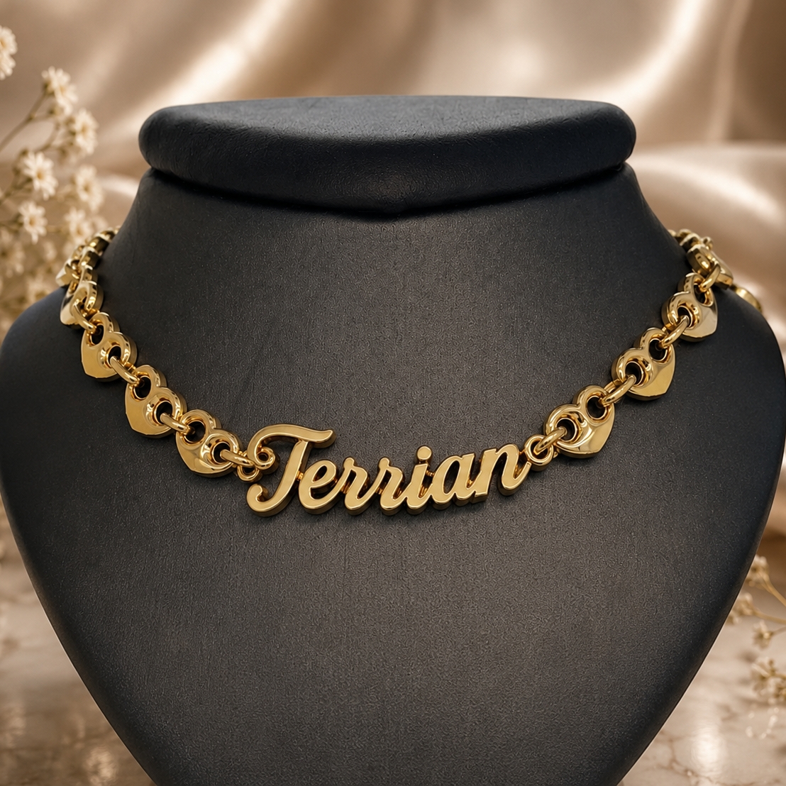 Puffed Heart Mariner Link Chain Name Necklace Custom Name Necklace