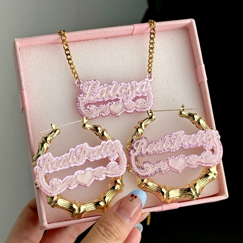 Personalized Pink Acrylic Heart Name Necklace Bamboo Hoop Earrings Set