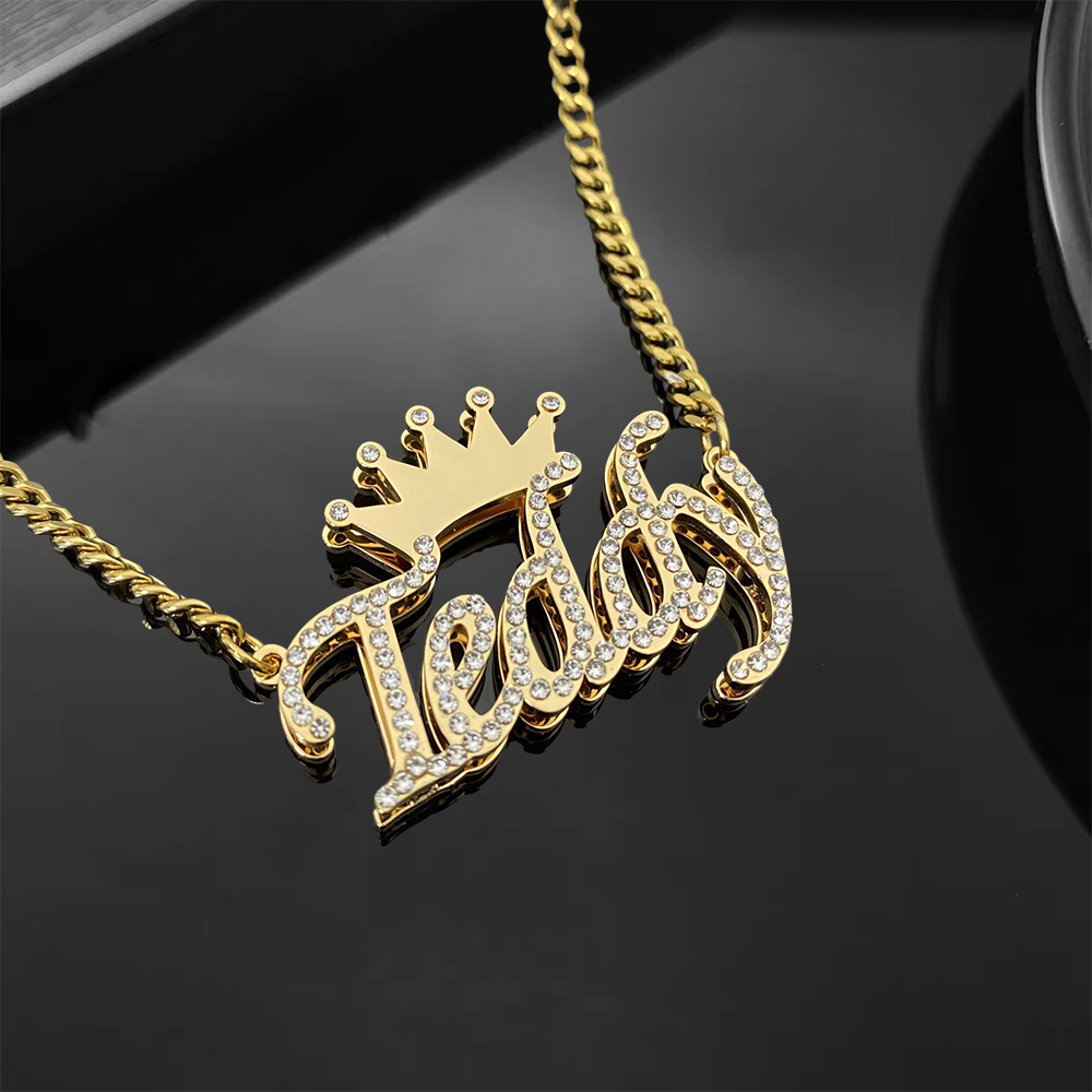 Custom Double Plated Diamond Name Necklace with Crown