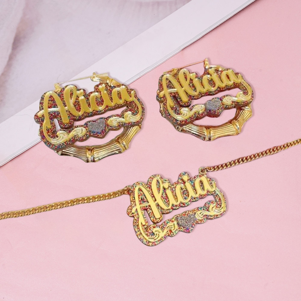 Acrylic Heart Color Name Necklace And Bamboo Hoop Earrings