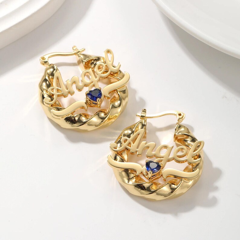 Custom Name Hoop Birthstone Stud Earrings Gold or Silver Personalized Earrings