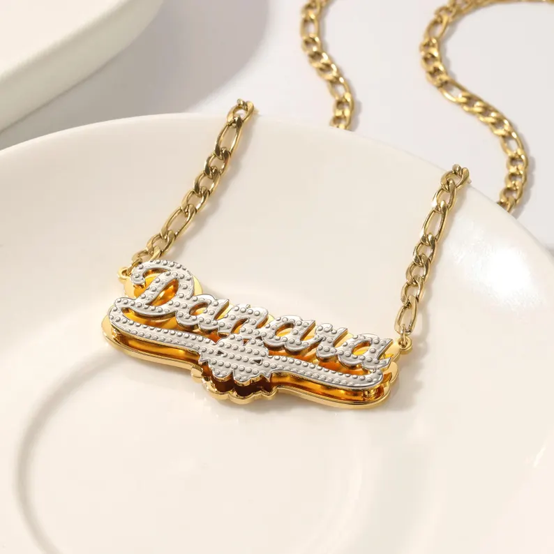 Gold Plated Double Layer Clover Pendant Name Necklace