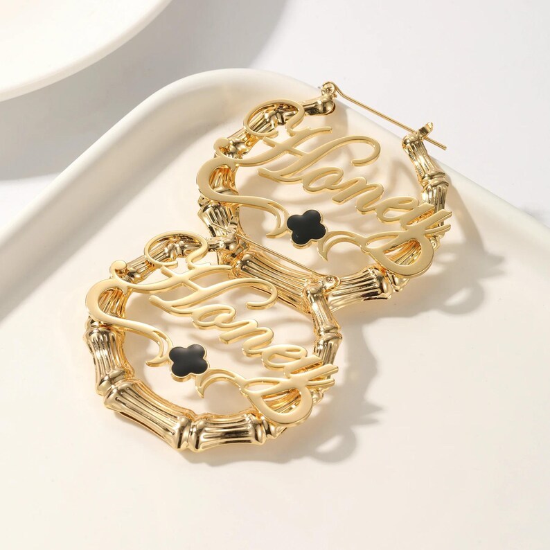 Gold Plated Personalized Bamboo Hoop Clover Name Earrings