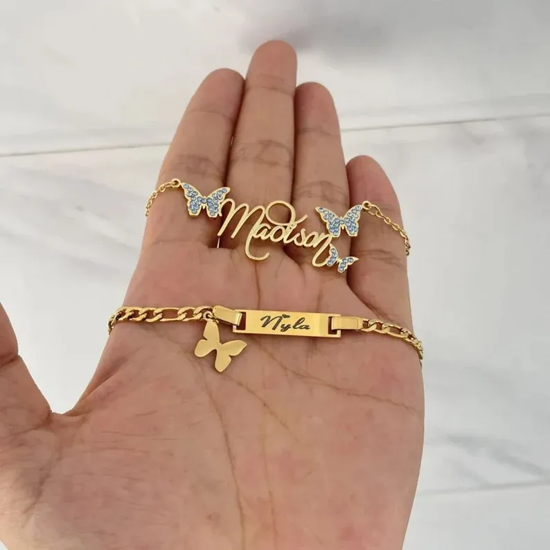 Butterfly Name Necklace & Bracelet Personalized Gold Jewelry Set