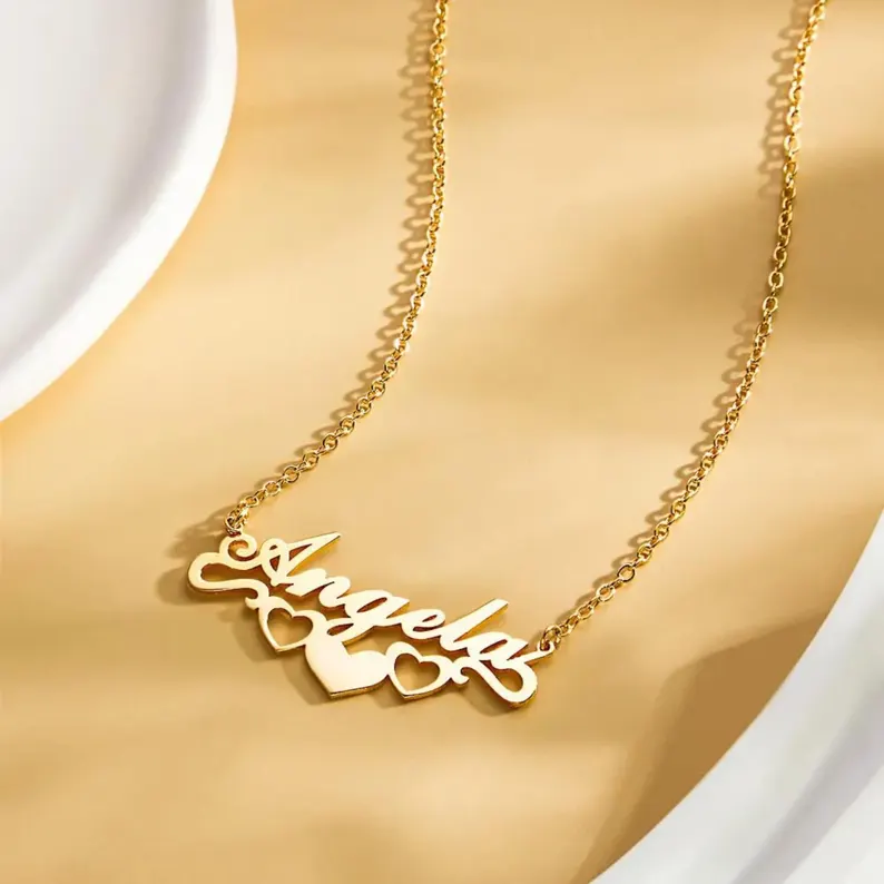 Custom Three Heart Gold Plated Personalized Name Necklace For Her