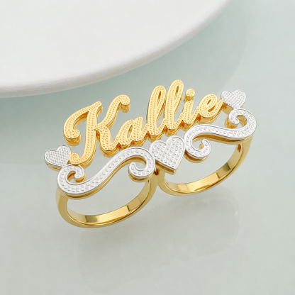 Two Tone Two Finger Hearts Name Ring Personalized Double Plated Custom Name Ring