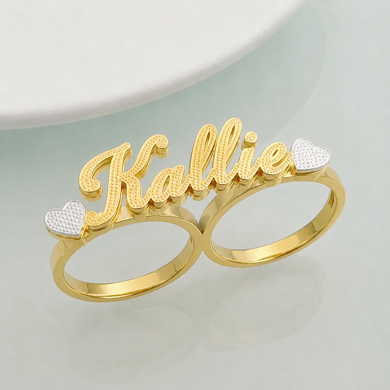 Two Finger Two Hearts Name Ring Personalized Two Tone Double Plated Custom Name Ring
