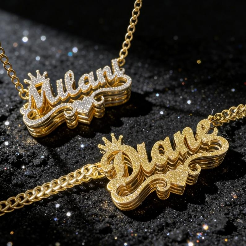 Shiny Bling Crown Nameplate Personalized Custom Double Plated Name Necklace with Heart