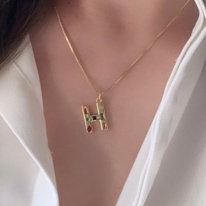 Custom Colorful CZ Stones Initial Letter Pendant Necklace Rainbow Necklace