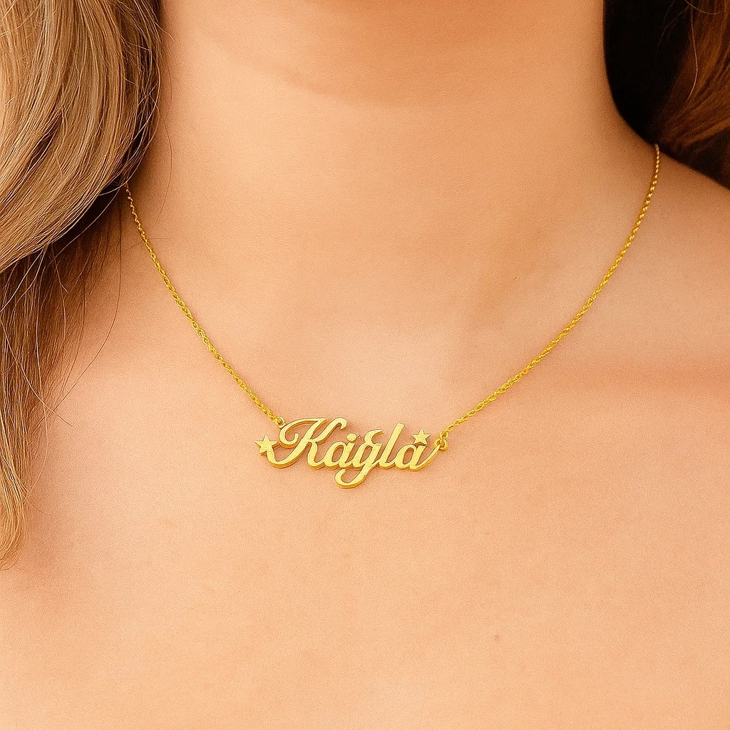Stars & Moon Nameplate Personalized Custom Gold Plated Name Necklace