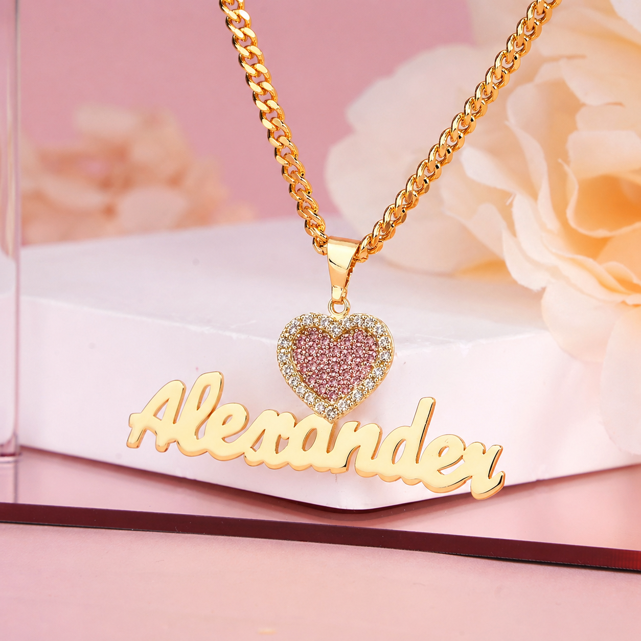 Pink Zircon Heart Nameplate Personalized Custom Name Necklace
