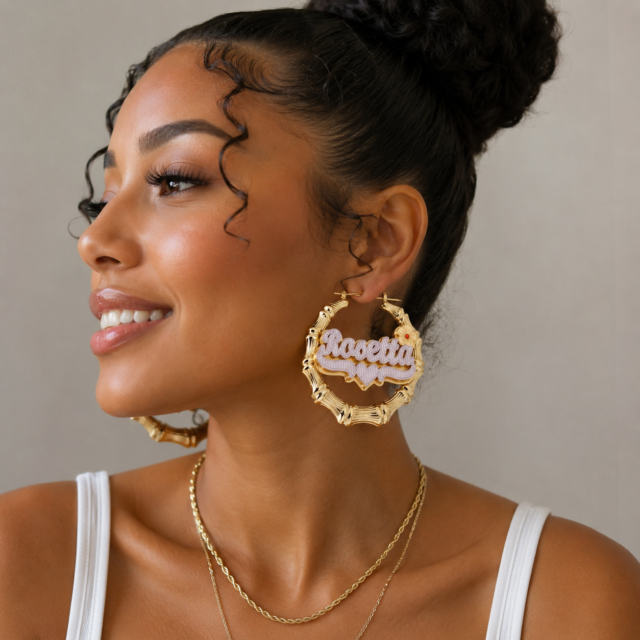 Flower Birthstone Two Tone Name Earrings Custom Bamboo Earrings