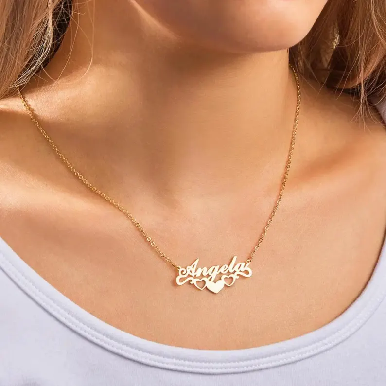 Custom Three Heart Gold Plated Personalized Name Necklace For Her