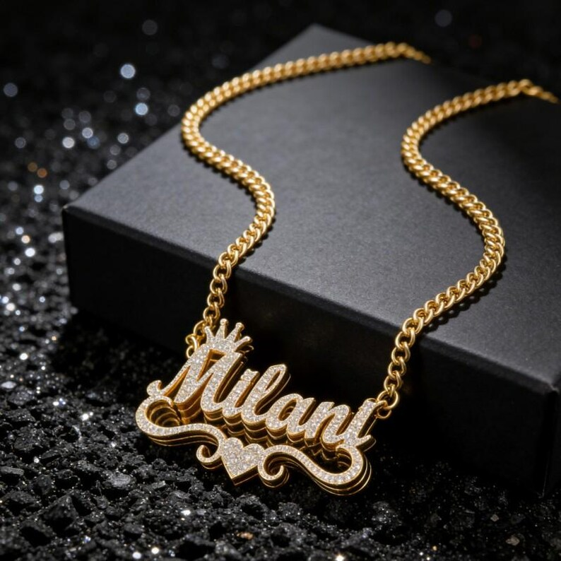 Shiny Bling Crown Nameplate Personalized Custom Double Plated Name Necklace with Heart