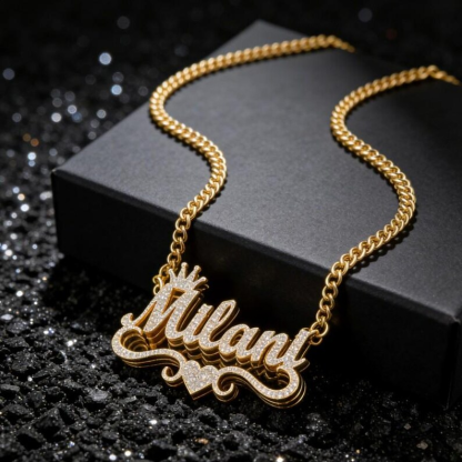 Shiny Bling Crown Nameplate Personalized Custom Double Plated Name Necklace with Heart