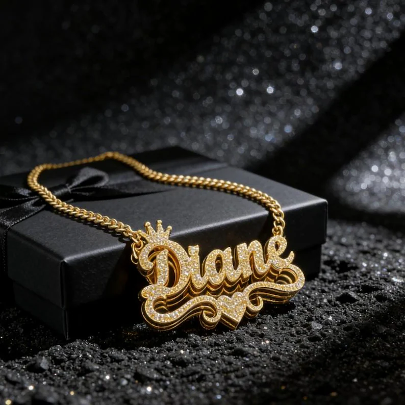Shiny Bling Crown Nameplate Personalized Custom Double Plated Name Necklace with Heart