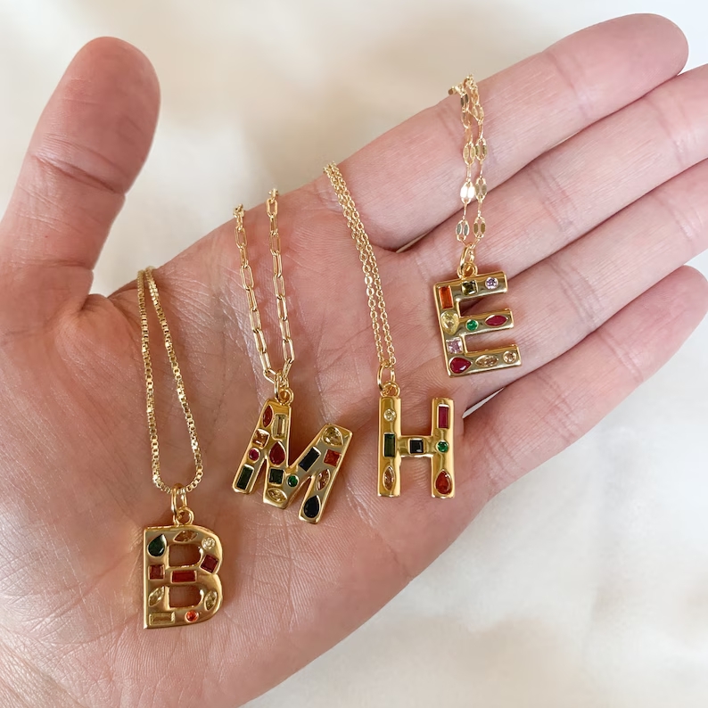 Custom Colorful CZ Stones Initial Letter Pendant Necklace Rainbow Necklace