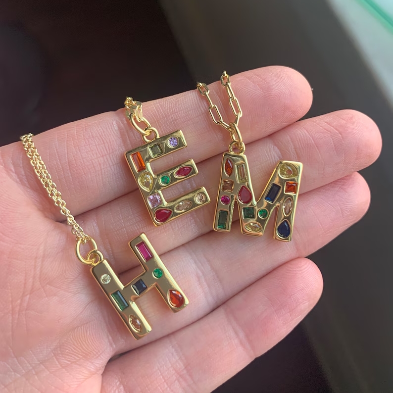Custom Colorful CZ Stones Initial Letter Pendant Necklace Rainbow Necklace
