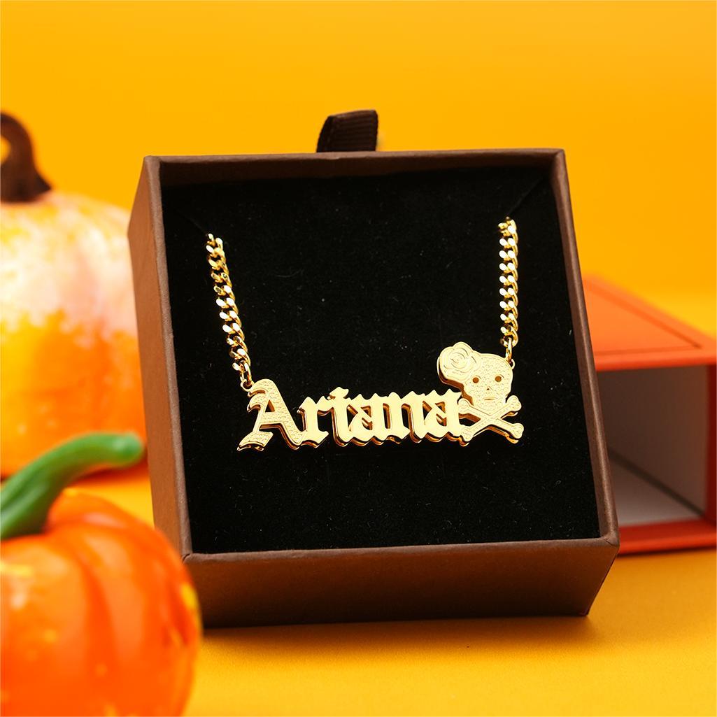 Halloween Cuban Chain Skull and Rose Double Layer Personalized Custom Old English Name Necklace