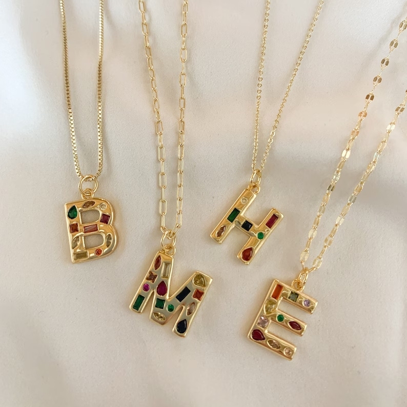 Custom Colorful CZ Stones Initial Letter Pendant Necklace Rainbow Necklace