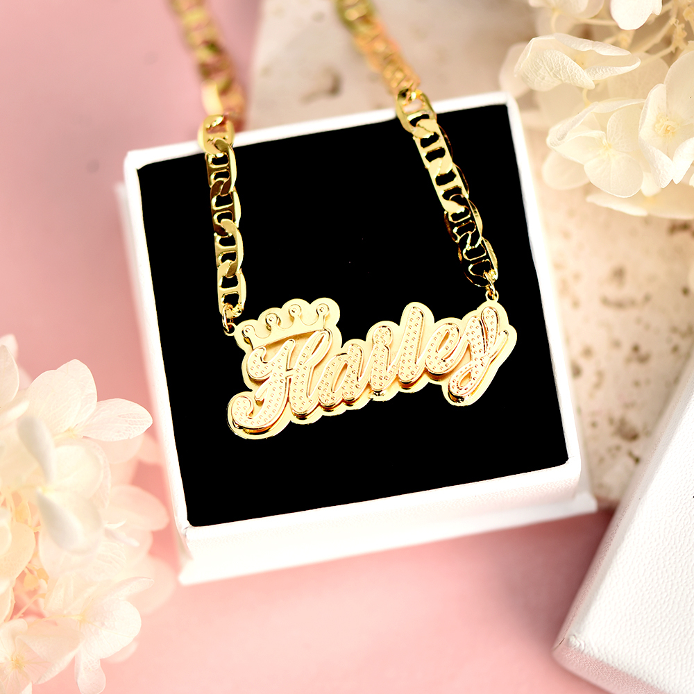 Double Layer Personalized Custom 3D Name Necklace with Crown