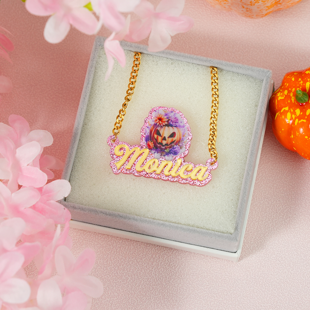 Pumpkin Acrylic Pendant Personalized Name Necklace Halloween Gift