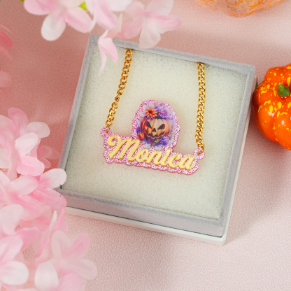 Pumpkin Acrylic Pendant Personalized Name Necklace Halloween Gift