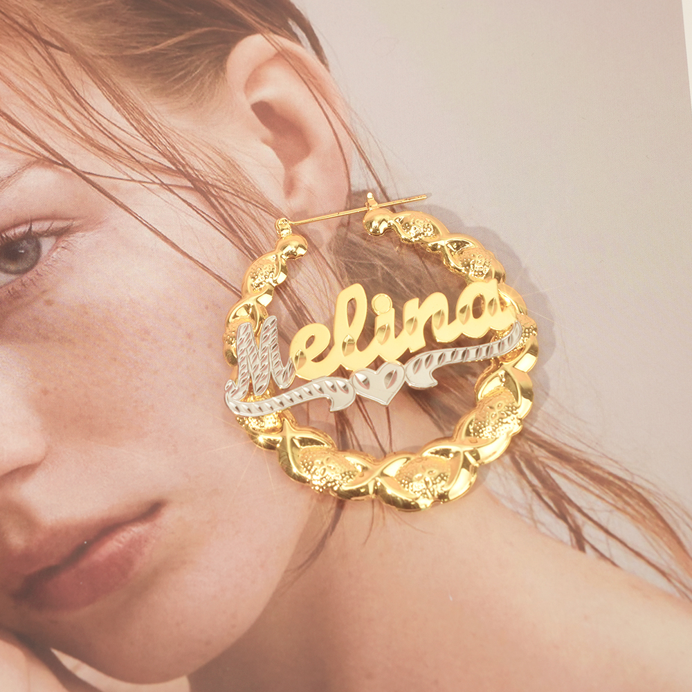 Two Tone XOXO Bamboo Earrings with Heart Personalized Custom Gold Plated Name Earrings