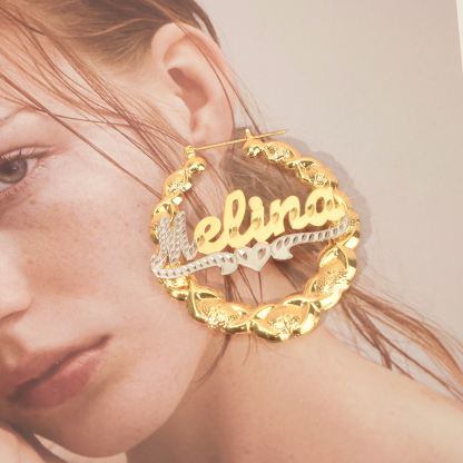 Two Tone XOXO Bamboo Earrings with Heart Personalized Custom Gold Plated Name Earrings