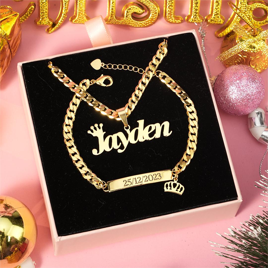 Personalized Crown Name Necklace and Bracelet ID Jewelry Set for Children