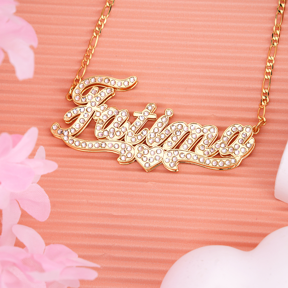 Double Layer Heart Inlaid Zircon Personalized Custom Gold Plated Name Necklace