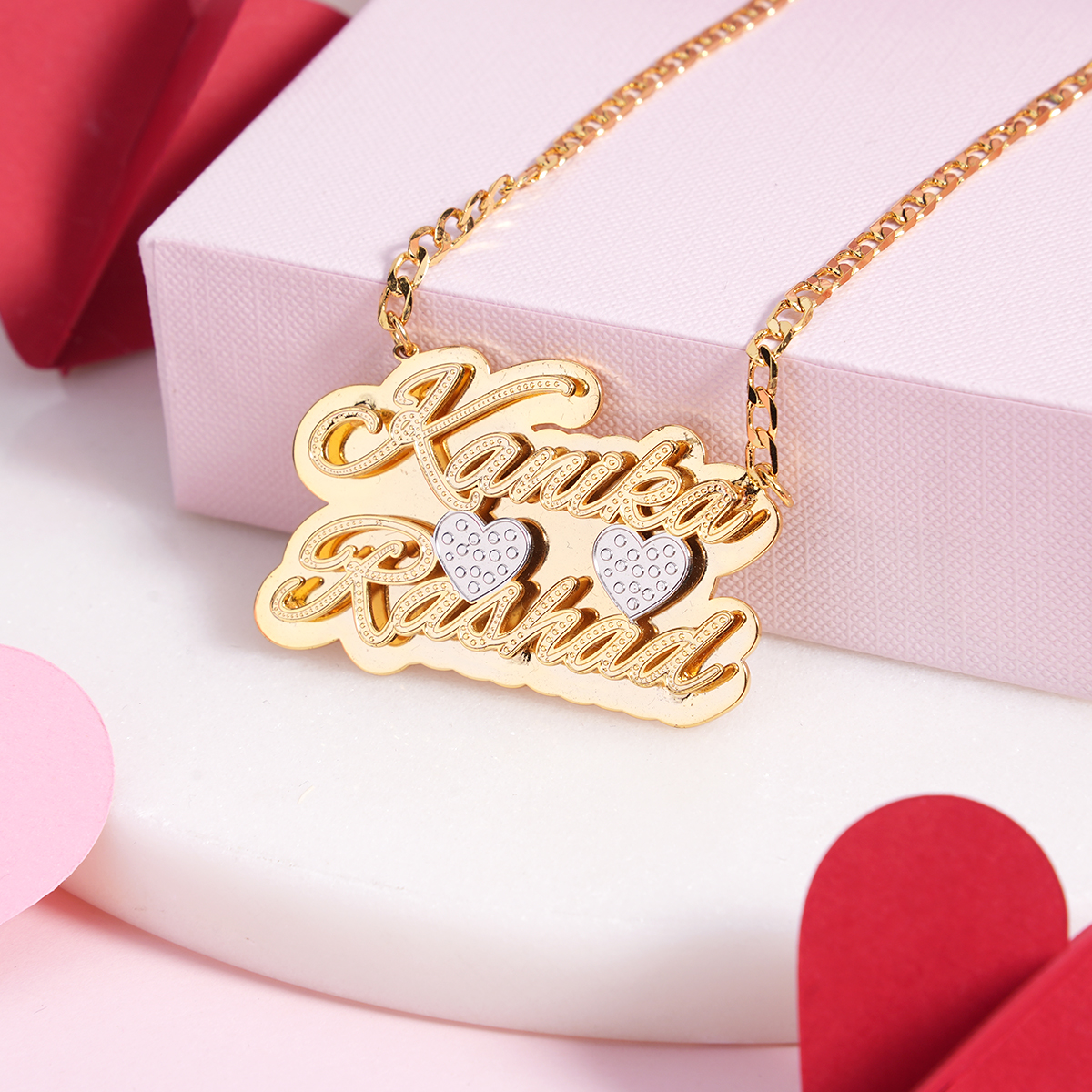 Double Plate Two Tone with Two Hearts Personalized Custom Gold Plated Two Names Necklace