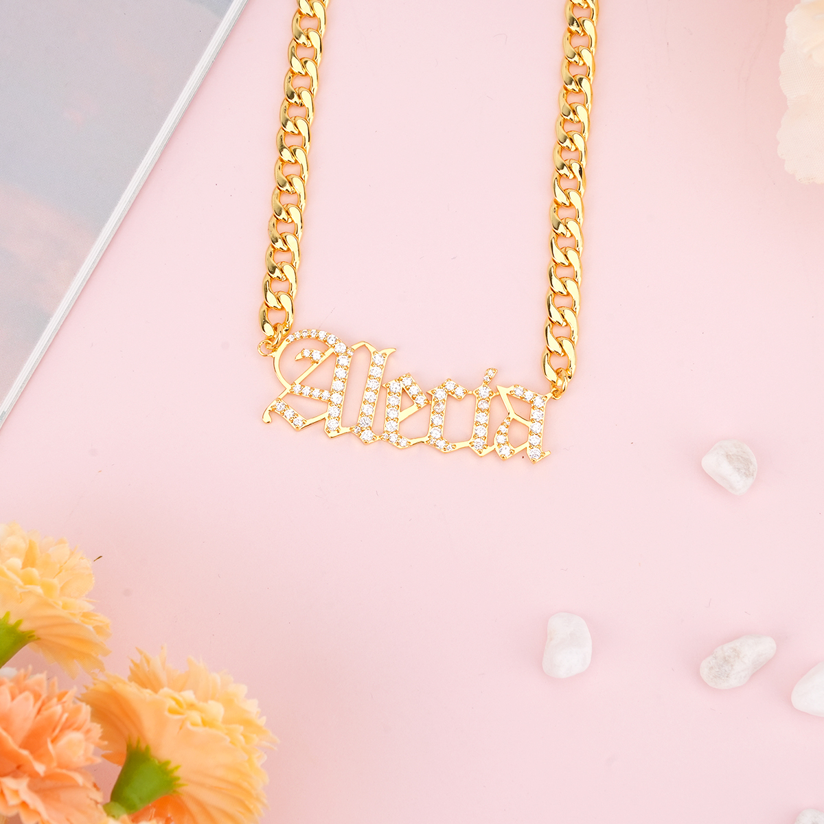 Curb Chain Old English Font Custom Personalized Zircon Name Necklace