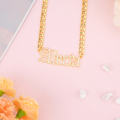 Curb Chain Old English Font Custom Personalized Zircon Name Necklace