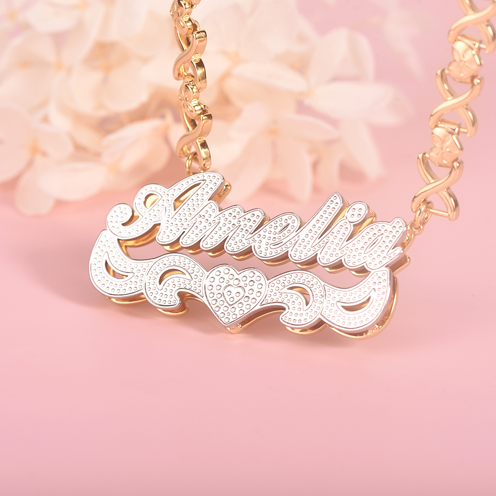 Double Layer Two Tone with Love Heart Gold Plated Personalized Custom 3D Name Necklace